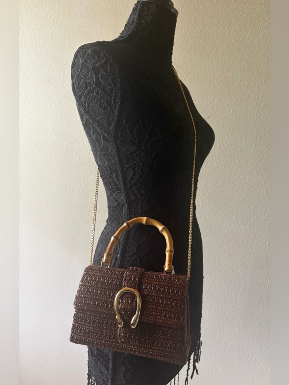 Tommy Bahama Brown Woven Crossbody with Bamboo Handle - Picture 6 of 7